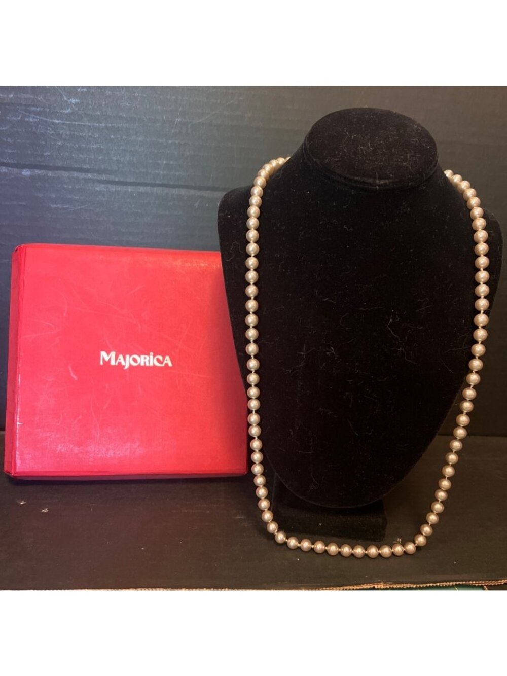 Majorica Simulated Pearl Necklace 30-Inch Strand Silver  Pearls & Red Box VTG